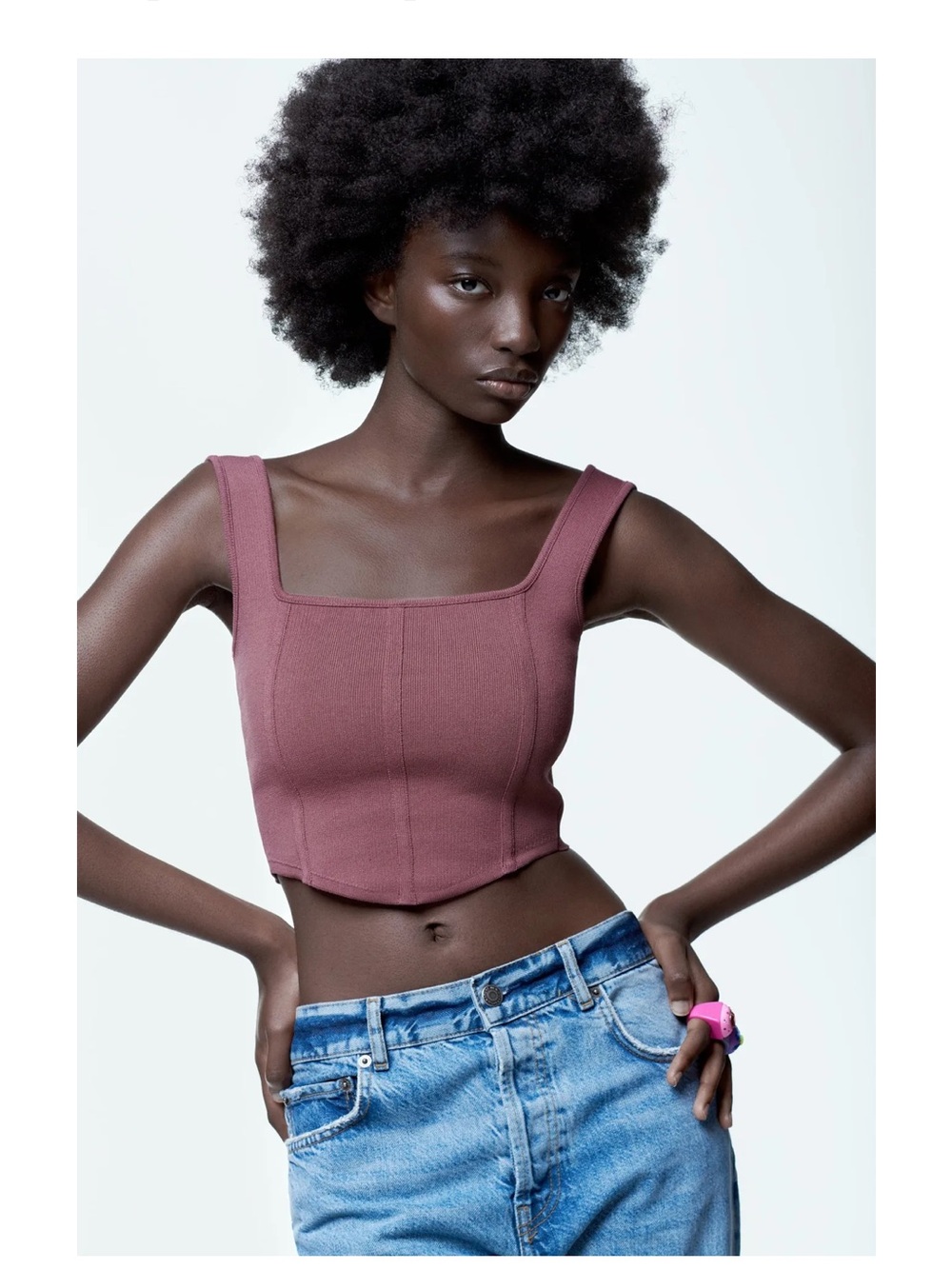 Zara Ribbed Square-Neck Crop Top in Dusty Mauve